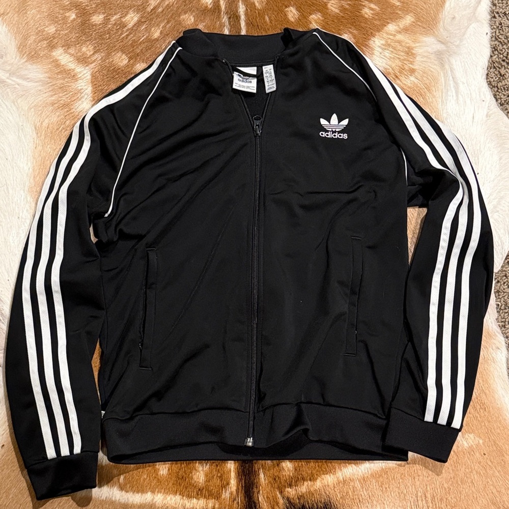 adidas Kids Black Zip-Up Hoodie with White Stripes
